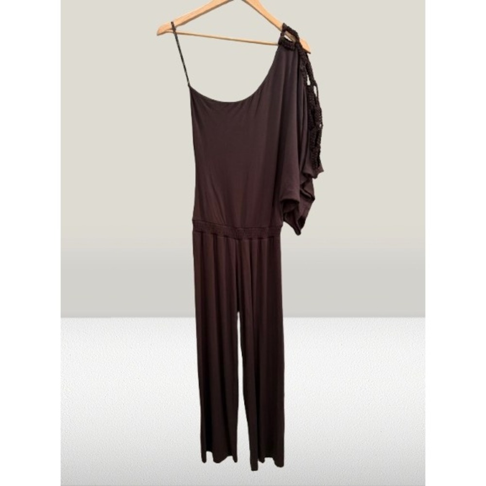 NEW Sky One Shoulder Jumpsuit Braided Leather Trim Wide Leg Brown Small